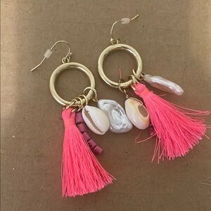 Gold and Pink Tassel Shell Earrings